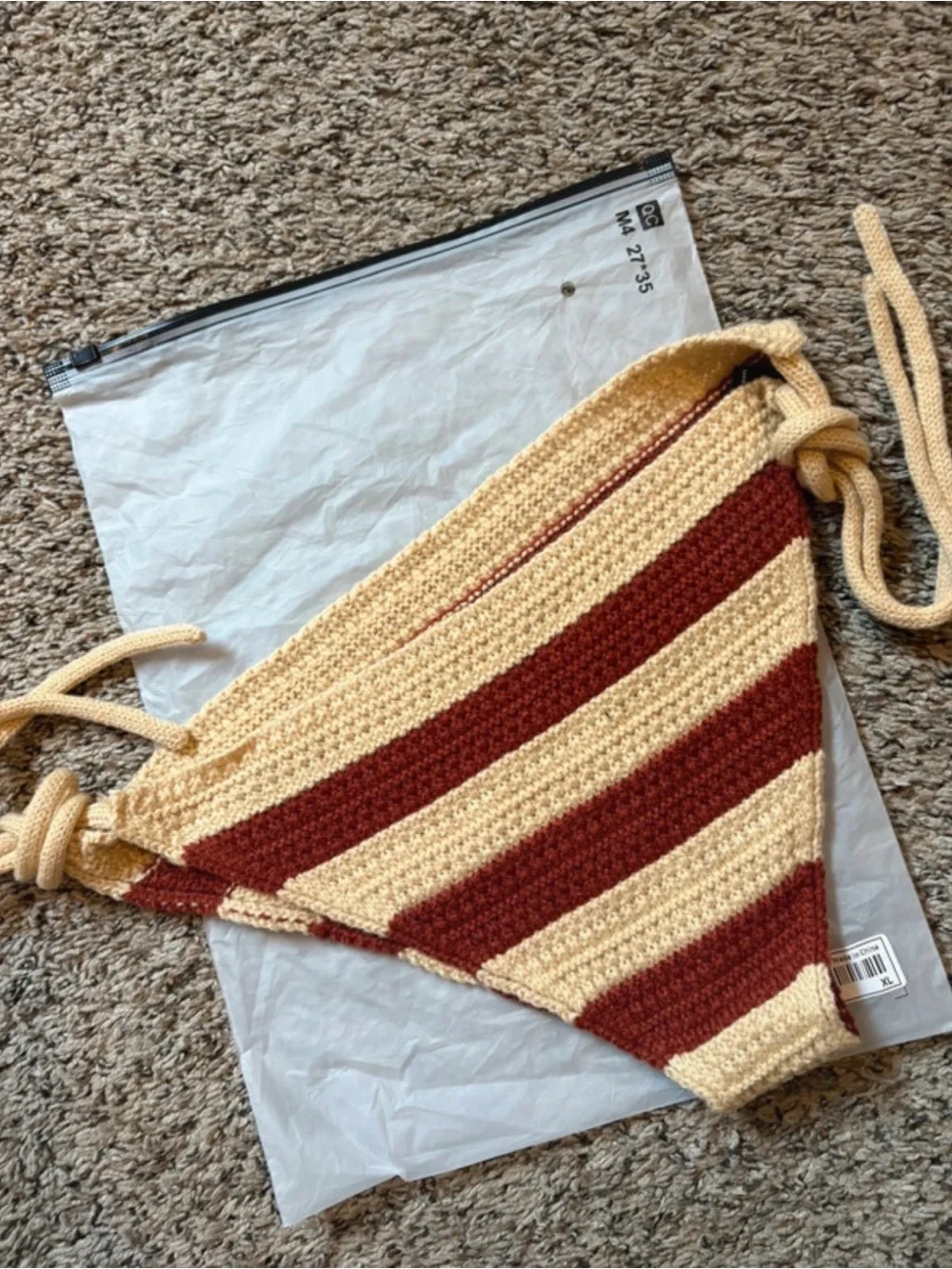 Sexy men’s Crochet Tie-Side Bikini Bottoms in Brick Red and Cream | XL